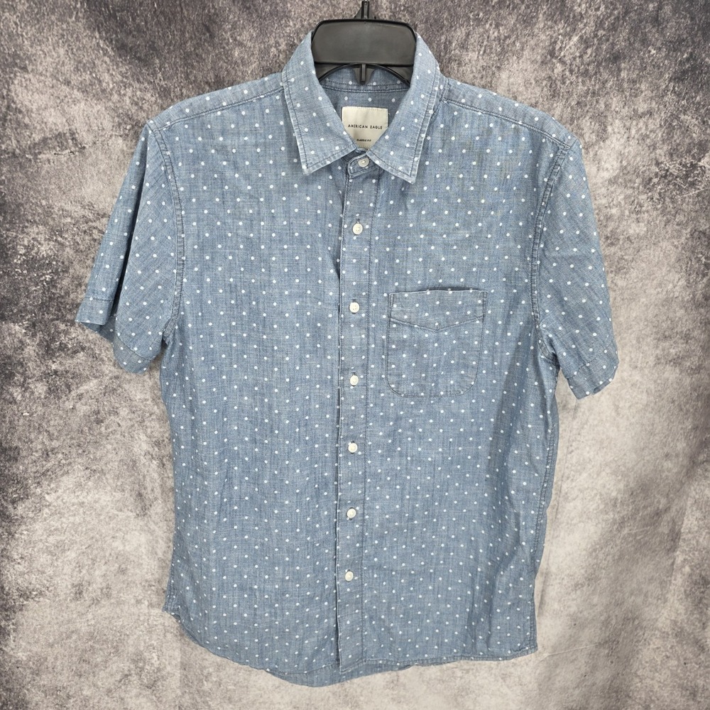 American Eagle Shirt Mens Medium Blue Polka Dots Button Up Classic Short Sleeve